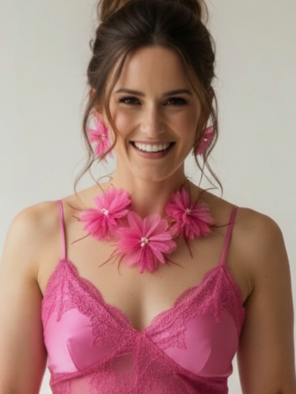 🌸🌸🌸 Festive Flowers Necklace and Earrings in Pink with Pearls and Rhinestones